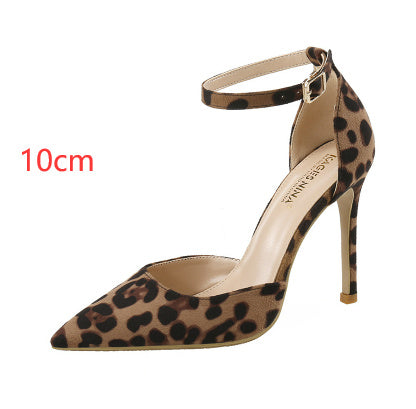 Hollowed Sandals Word With Pointed Toe Stiletto Leopard Print