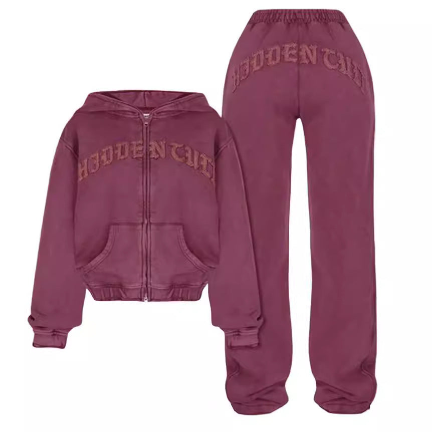Ins Letter Sports Suit Zip-up Hooded