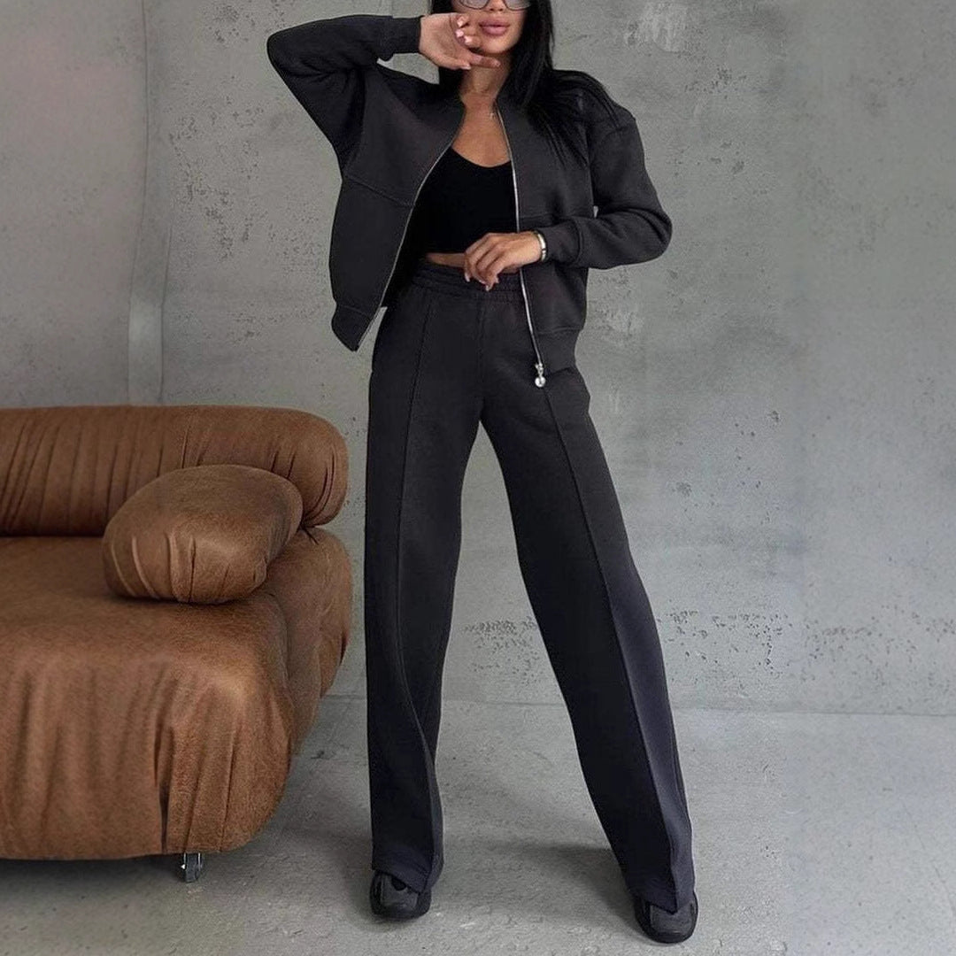 Sports Suits Zipper Jacket And Wide Leg Pants