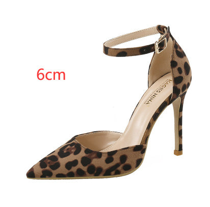 Hollowed Sandals Word With Pointed Toe Stiletto Leopard Print