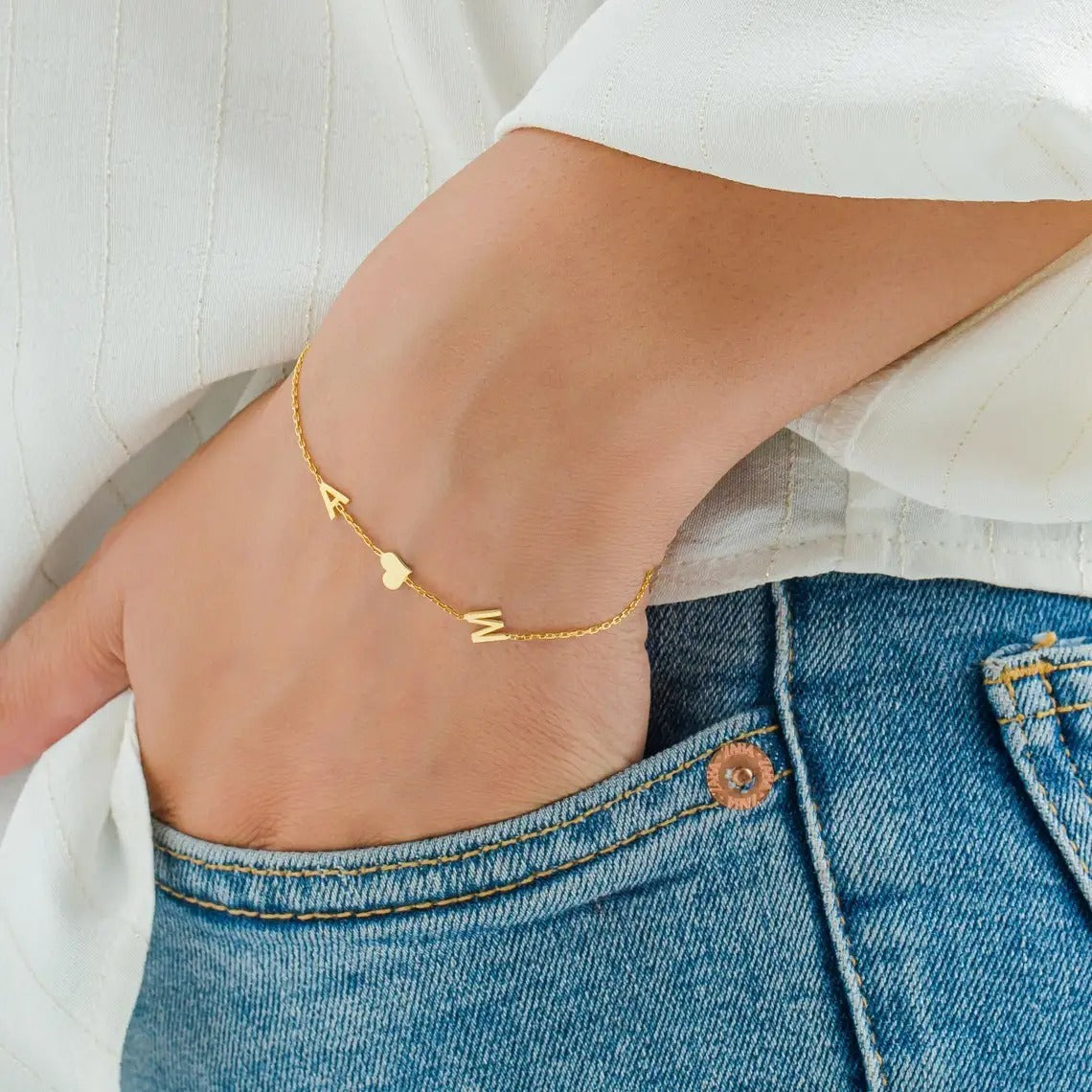 Stainless Steel Gold Color Initials Heart Bracelet Jewelry