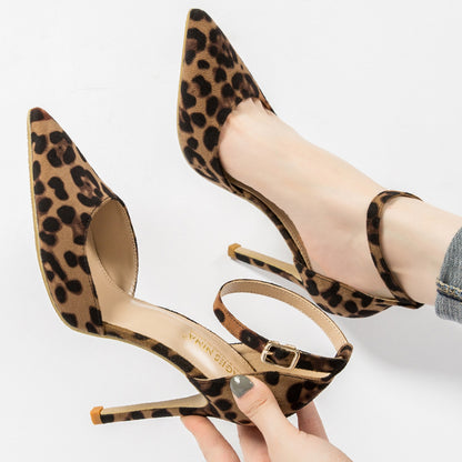 Hollowed Sandals Word With Pointed Toe Stiletto Leopard Print
