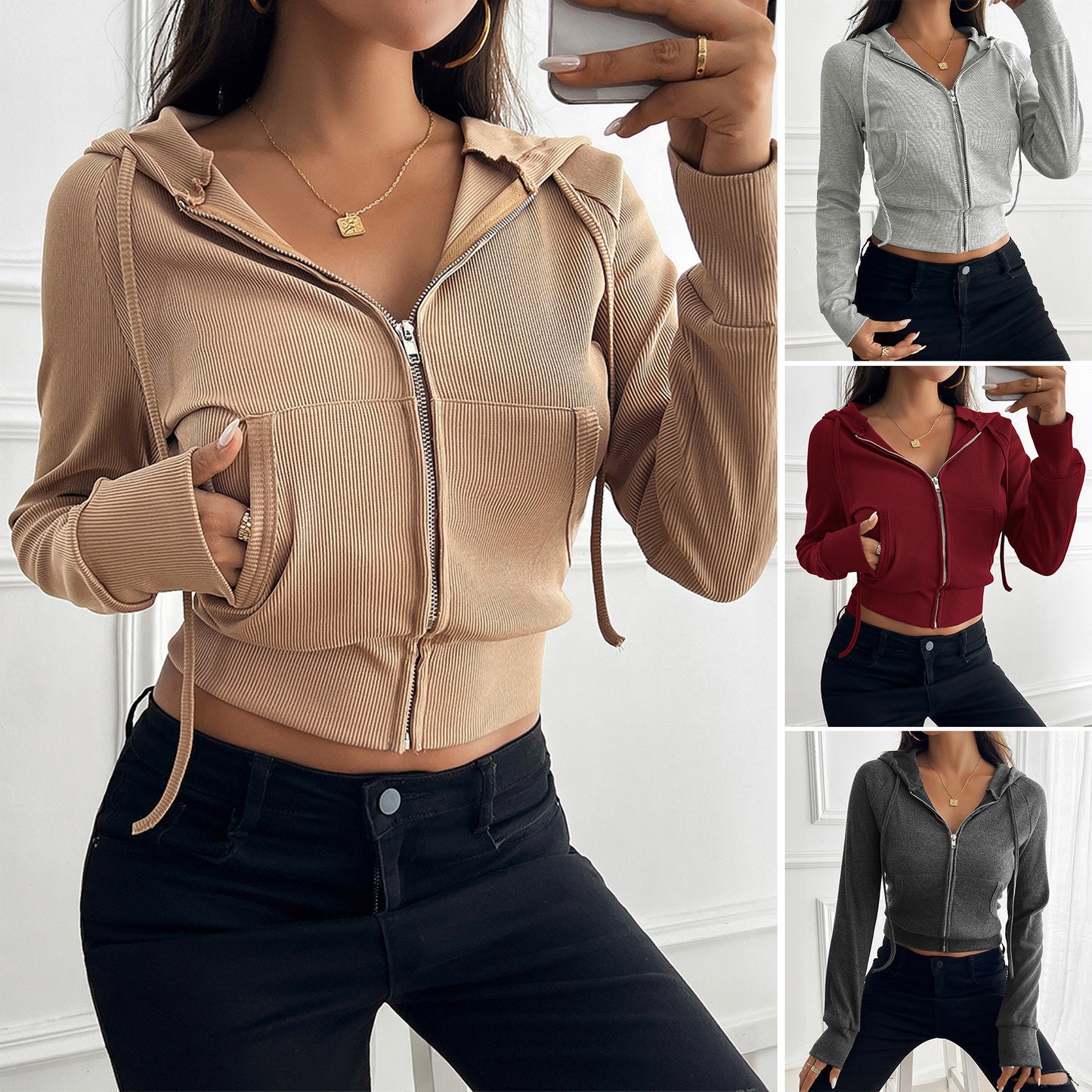 Elegant Slim-fit Cardigan Huva med kort dragkedja