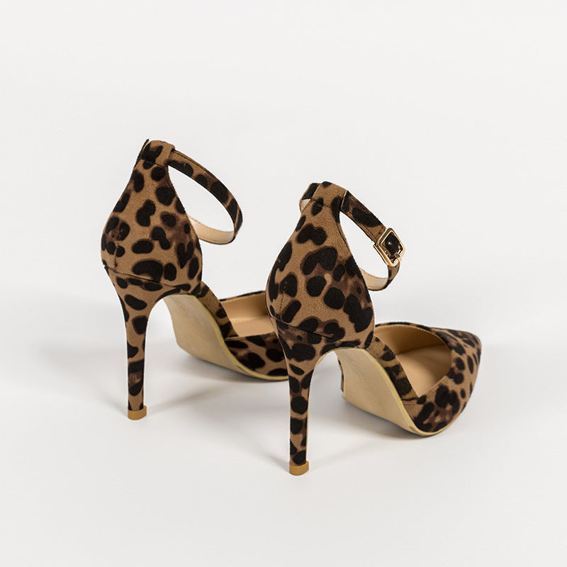 Hollowed Sandals Word With Pointed Toe Stiletto Leopard Print
