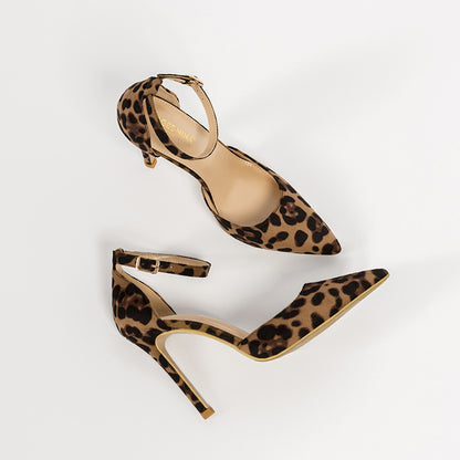 Hollowed Sandals Word With Pointed Toe Stiletto Leopard Print