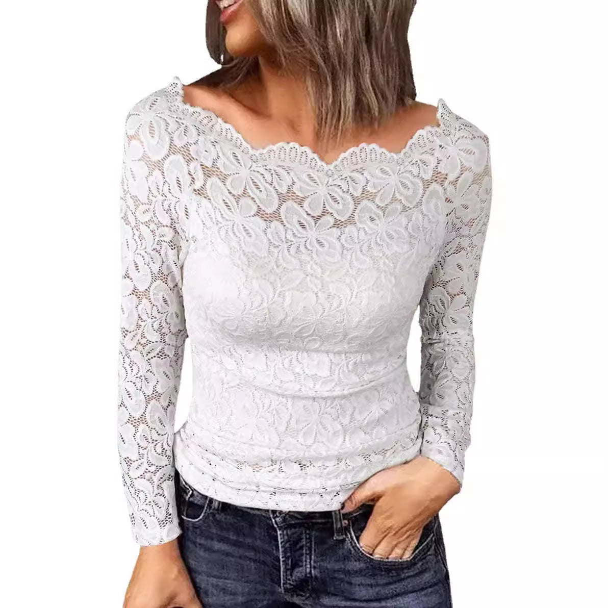 Off-neck Lace Stitching Coat Shirt