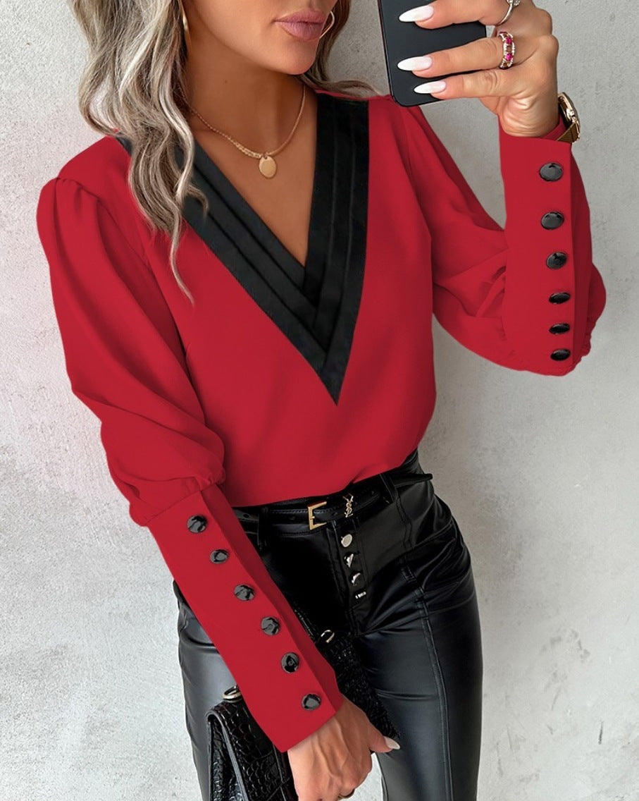V-neck Long Sleeve Blouse