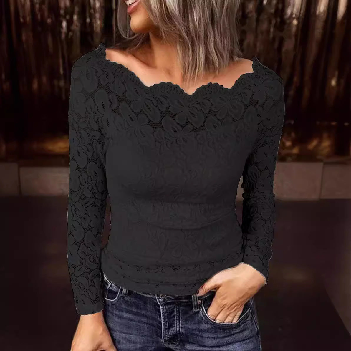 Off-neck Lace Stitching Coat Shirt