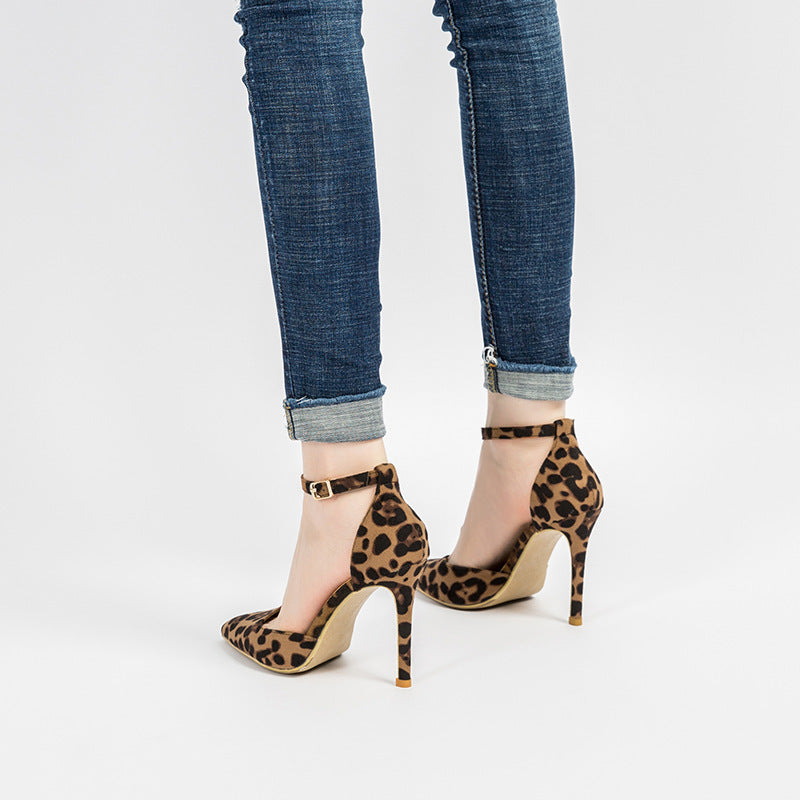Hollowed Sandals Word With Pointed Toe Stiletto Leopard Print