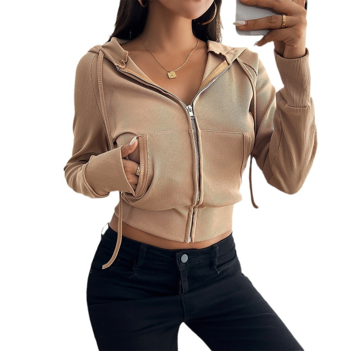 Elegant Slim-fit Cardigan Huva med kort dragkedja