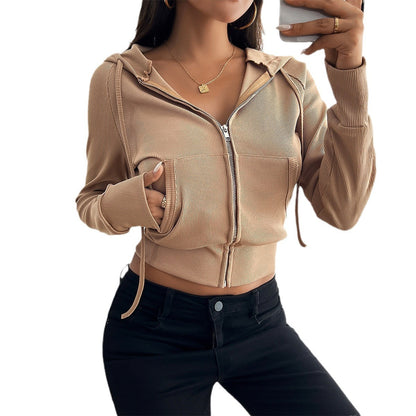 Elegant Slim-fit Cardigan Huva med kort dragkedja